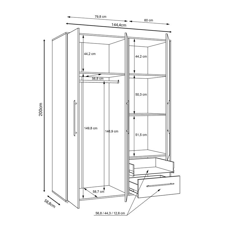 Ντουλάπα Ρούχων Razol Τρίφυλλη Λευκό-Sonoma Μελανίνης 144.5x59x200