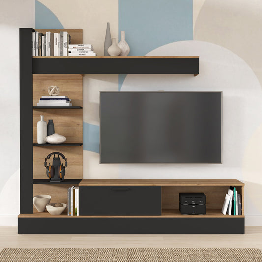 Σύνθετο Σαλονιού Dranko Μαύρο-Oak Μελαμίνης 205x41.5x192