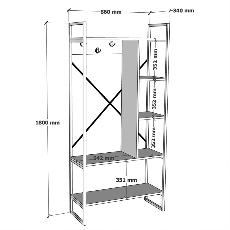 Έπιπλο Εισόδου Feranda με Ράφια Oak με Μαύρο Μεταλλικό Σκελετό 88x34x180