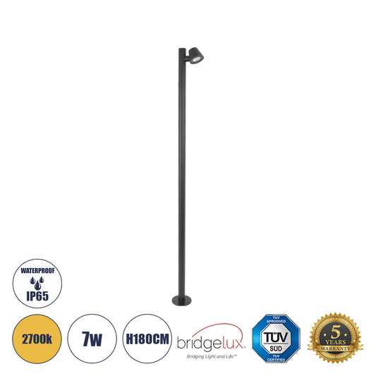 GARDENIA 60510 Φωτιστικό Κήπου - Πάρκου - Πλατείας - Κολωνάκι Αρχιτεκτονικού Φωτισμού Εξωτερικού Χώρου LED 7W 700lm 60° AC220-240V Αδιάβροχο IP65 - Σώμα Αλουμινίου & Tempered Glass - Μ15 x Π18 x Υ180cm - Θερμό Λευκό 2700K - Γκρι Ανθρακί - Bridgelux Chip