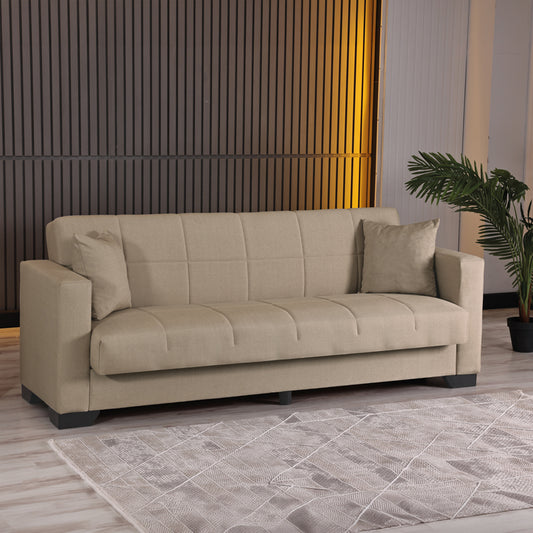 Three-Seater Sofa Bed Vox with Storage, Beige Fabric, 210x84x83