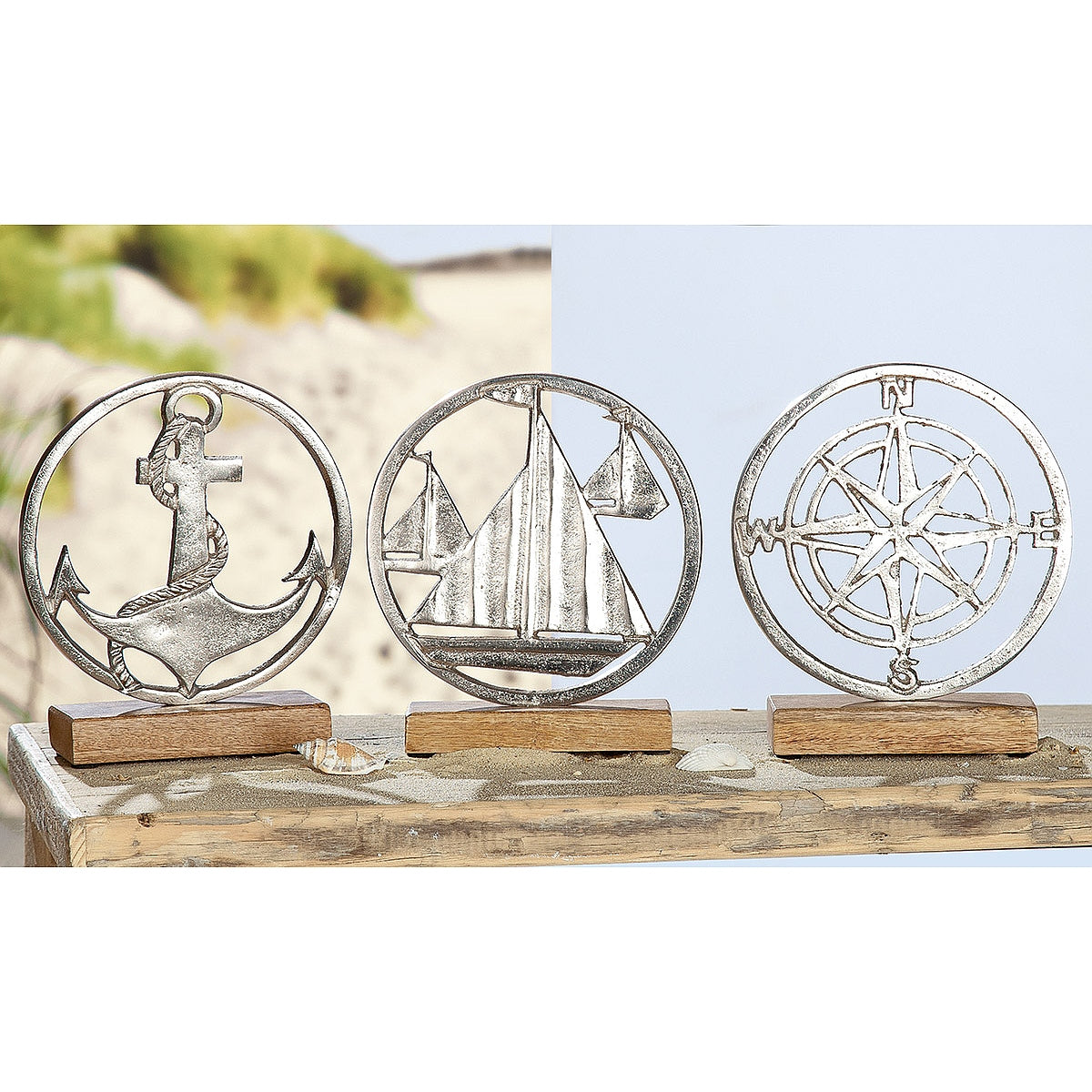 Διακοσμητικό Πλοίο σε Βάση Ασημί/Φυσικό Αλουμίνιο/Ξύλο Φ22x15 σε 3 Σχέδια