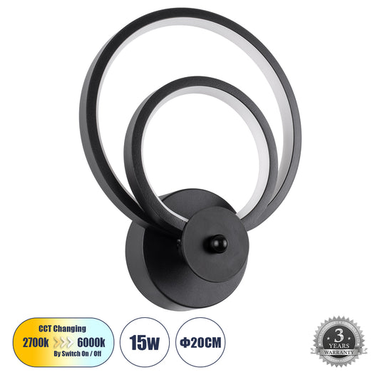 FREDDIE 61076 Φωτιστικό Τοίχου - Απλίκα Design LED CCT 15W 1800lm 300° AC 220-240V - Εναλλαγή Φωτισμού μέσω Διακόπτη On/Off All In One Ψυχρό 6000k+Φυσικό 4500k+Θερμό 2700k Μ20 x Π7.5 x Υ25cm - Μαύρο