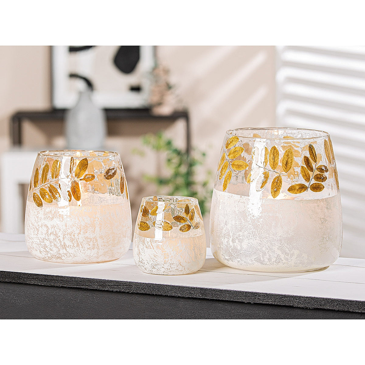 Κηροπήγιο με Διακόσμηση Φύλλα Πράσινο/Λευκό Γυαλί Φ15x16