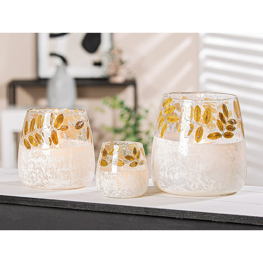 Κηροπήγιο με Διακόσμηση Φύλλα Πράσινο/Λευκό Γυαλί Φ15x16