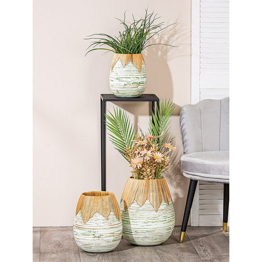 Βάζο Εκρού Μπαμπού/Rattan Φ20x23