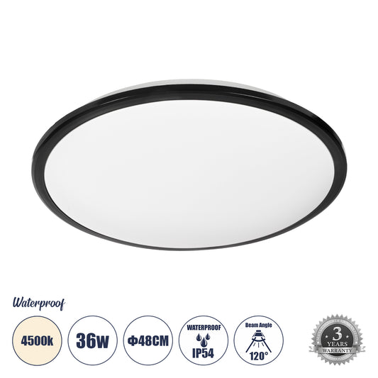 TUFFIN 60999 Πλαφονιέρα Οροφής LED 36W 3960lm 120° AC 220-240V Αδιάβροχη IP54 Φ48 x Υ6.5cm Φυσικό Λευκό 4500K - Μαύρο - Bridgelux Chips