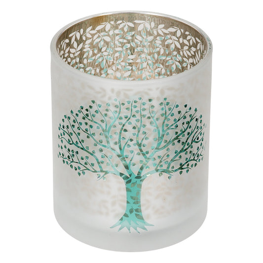 Φανάρι Κυλινδρικό Δέντρο Μοτίφ Γυάλινα Πράσινο Λευκό 10x10x13