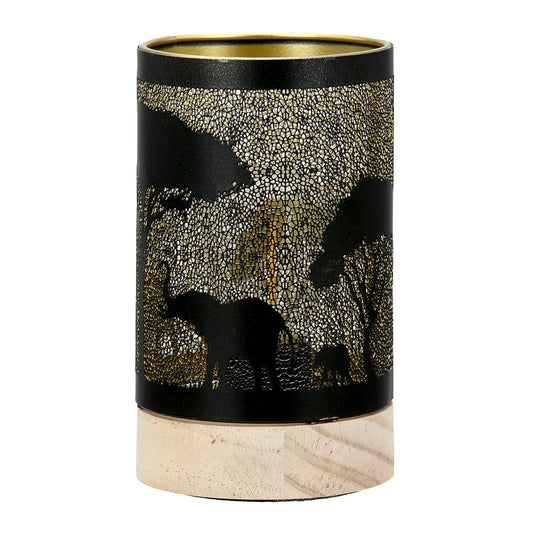 Φανάρι (LED) Κυλινδρικό Μοτίβο Ελέφαντα Μεταλλικό Μαύρο 9x9x15