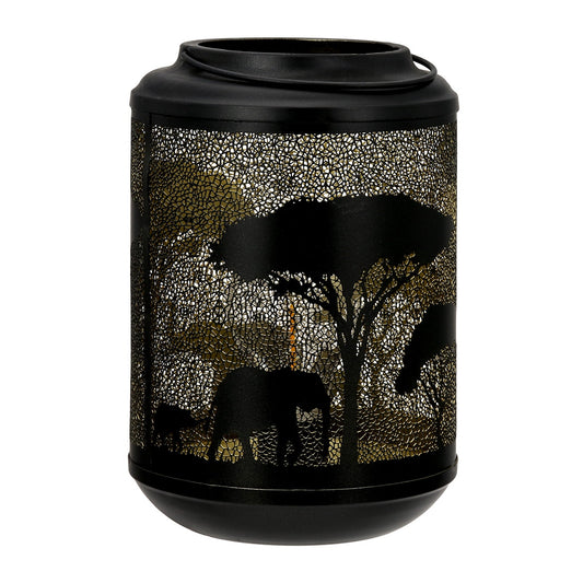 Φανάρι (LED) Κυλινδρικό Μοτίβο Ελέφαντα Μεταλλικό Μαύρο 14x14x20