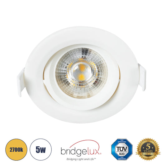 DE VALERA 60184 Χωνευτό LED Κινούμενο Spot Downlight 5W 470lm 60° AC 220-240V IP44 Φ9cm x Υ4cm - Στρόγγυλο - Λευκό - Θερμό Λευκό 2700K - Bridgelux Chip - TÜV Certified Driver