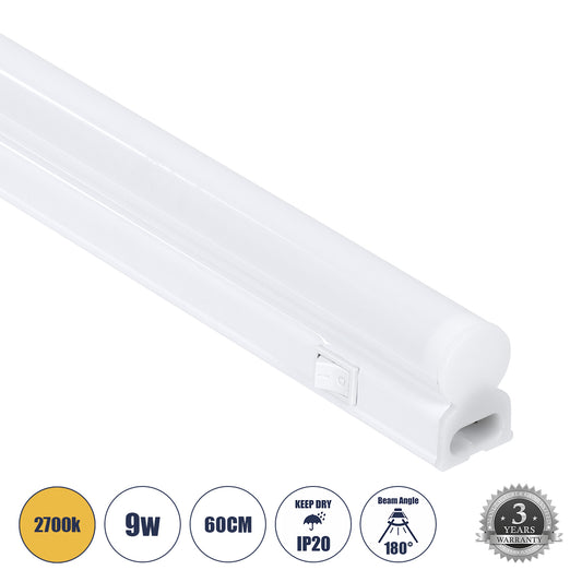 TUBO 60789 Γραμμικό Φωτιστικό Οροφής Linear LED Τύπου T5 Επεκτεινόμενο 9W 864lm 180° AC 220-240V IP20 Πάγκου Κουζίνας με Διακόπτη On/Off Μ60 x Π2.2 x Υ3.5cm Θερμό Λευκό 2700K - Λευκό