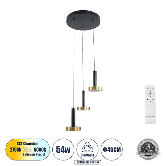 ZANE 60934 Κρεμαστό Φωτιστικό Design LED CCT 54W 6048lm 120° AC 220-240V IP20 - Εναλλαγή Φωτισμού μέσω Τηλεχειριστηρίου All In One Ψυχρό 6000k+Φυσικό 4500k+Θερμό 2700k Dimmable - Φ40 x Υ20cm - Μαύρο & Χρυσό