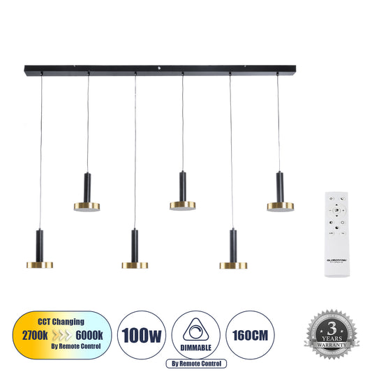 ZANE 60937 Κρεμαστό Φωτιστικό Design LED CCT 100W 11200lm 120° AC 220-240V IP20 - Εναλλαγή Φωτισμού μέσω Τηλεχειριστηρίου All In One Ψυχρό 6000k+Φυσικό 4500k+Θερμό 2700k Dimmable - Μ160 x Π15 x Υ20cm - Μαύρο & Χρυσό