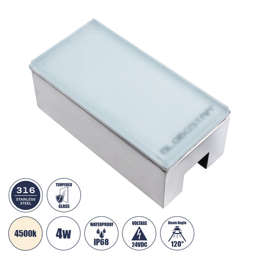 CYBOLITHOS 60950 Χωνευτό Φωτιστικό Σποτ Δαπέδου LED 4W 530lm 120° DC 24V Αδιάβροχο IP68 IK06 Μ20 x Π10 x Υ8cm 4500K Dimmable - Tempered Γαλακτερό Γυαλί & Ανοξείδωτο Ατσάλι - Bridgelux Chip