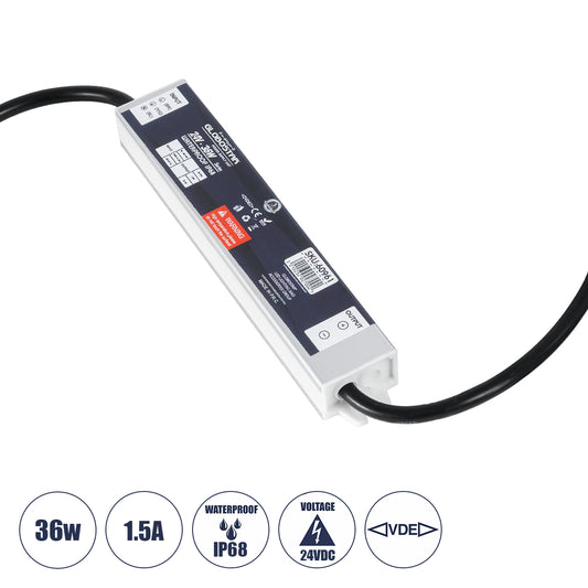 LUMISPLASH 60961 Τροφοδοτικό/Μετασχηματιστής Class II SELV 36W 1.5A DC 24V Αδιάβροχο IP68 - AC 220-240V σε DC 24V - Μ17 x Π3 x Υ2
