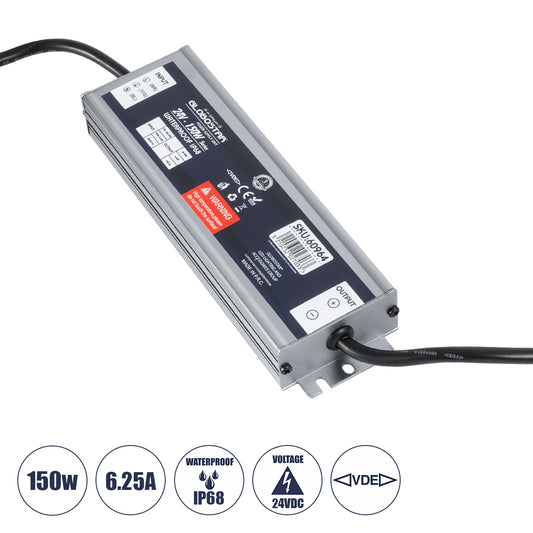 LUMISPLASH 60964 Τροφοδοτικό/Μετασχηματιστής Class II SELV 150W 6.25A DC 24V Αδιάβροχο IP68 - AC 220-240V σε DC 24V - Μ20 x Π5.5 x Υ2.5