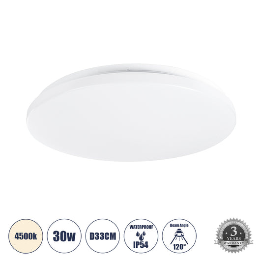 CELANO 61009 Φωτιστικό Πλαφονιέρα Οροφής LED 30W 2850lm 120° AC 220-240V Αδιάβροχο IP54 Φυσικό Λευκό 4500K - Lumileds SMD Chip - Λευκό Γαλακτερό - Μ33 x Π33 x Υ6