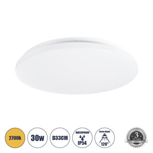 CELANO 61010 Φωτιστικό Πλαφονιέρα Οροφής LED 30W 2700lm 120° AC 220-240V Αδιάβροχο IP54 Θερμό Λευκό 2700K - Lumileds SMD Chip - Λευκό Γαλακτερό - Μ33 x Π33 x Υ6