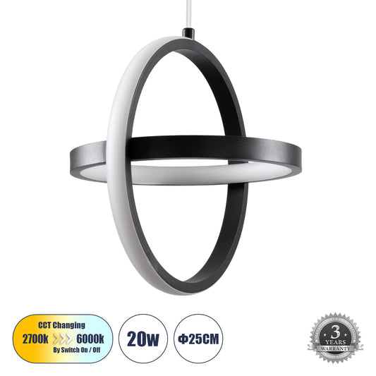 ALICE 61055 Μοντέρνο Κρεμαστό Φωτιστικό Οροφής LED 20W 2400lm 300° AC 220-240V IP20 Ρυθμιζόμενο Λευκό CCT με On/Off 2700K/4500K/6000K - Lumileds SMD Chip - Μαύρο Ματ - Μ25 x Π22 x Υ25