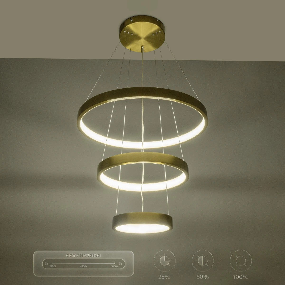 NEMESIS TRIO 61169-DECO Μοντέρνο Κρεμαστό Φωτιστικό Οροφής LED 100W 12123lm 360° AC 220-240V IP20 Ρυθμιζόμενο Λευκό CCT με Χειριστήριο από 2700K έως 6000K Dimmable - Lumileds SMD Chip - Χρυσό Βούρτσας - Μ60 x Π60 x Υ60