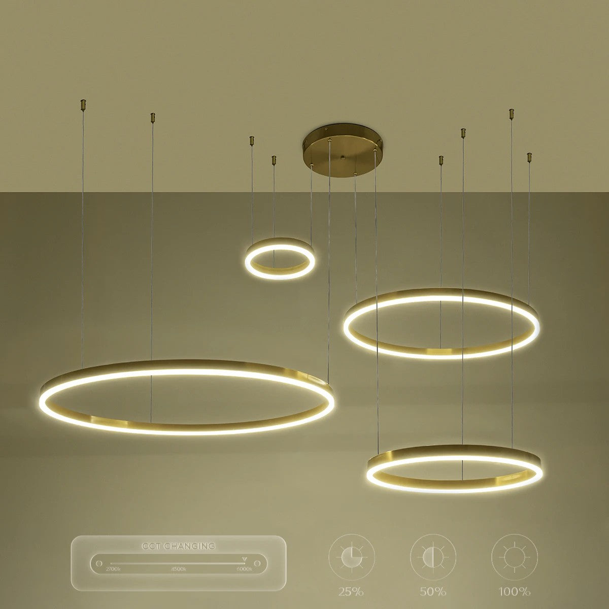 VENOM 61193 Μοντέρνο Κρεμαστό Φωτιστικό Οροφής LED 150W 17659lm 120° AC 220-240V IP20 Ρυθμιζόμενο Λευκό CCT με Χειριστήριο από 2700K έως 6000K Dimmable - Lumileds SMD Chip - Χρυσό Βούρτσας - Μ150 x Π90 x Υ60