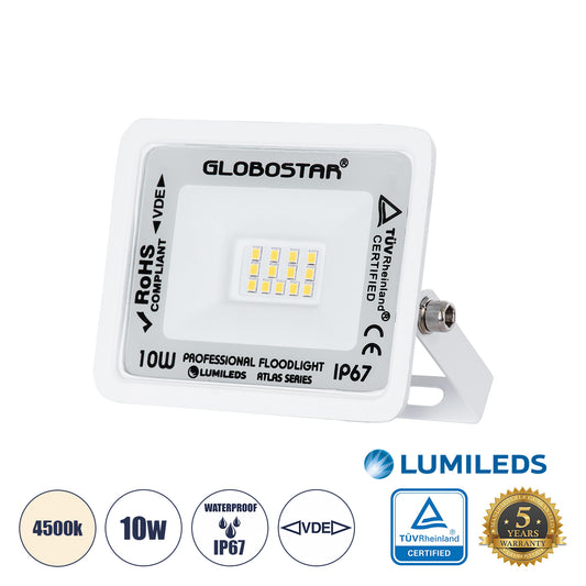 ATLAS 61405 Επαγγελματικός Προβολέας LED 10W 1200lm 120° AC 220-240V - Αδιάβροχος IP67 - Μ10 x Π2 x Υ8cm - Λευκό - Φυσικό Λευκό 4500K - LUMILEDS Chips - TÜV Rheinland Certified