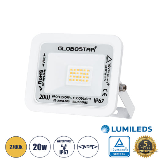 ATLAS 61409 Προβολέας LED 20W 2300lm 120° AC 220-240V Αδιάβροχο IP67 Θερμό Λευκό 2700K - Lumileds SMD Chip - TÜV Rheinland Certified - Λευκό Ματ - Μ12 x Π2.5 x Υ9.5