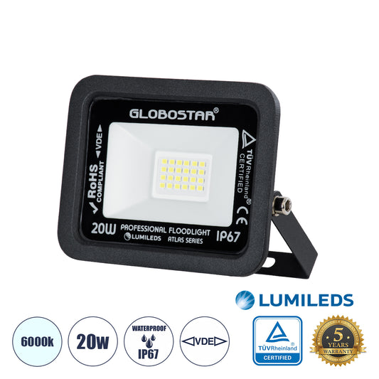 ATLAS 61410 Επαγγελματικός Προβολέας LED 20W 2500lm 120° AC 220-240V - Αδιάβροχος IP67 - Μ12 x Π2.5 x Υ9.5cm - Μαύρο - Ψυχρό Λευκό 6000K - LUMILEDS Chips - TÜV Rheinland Certified