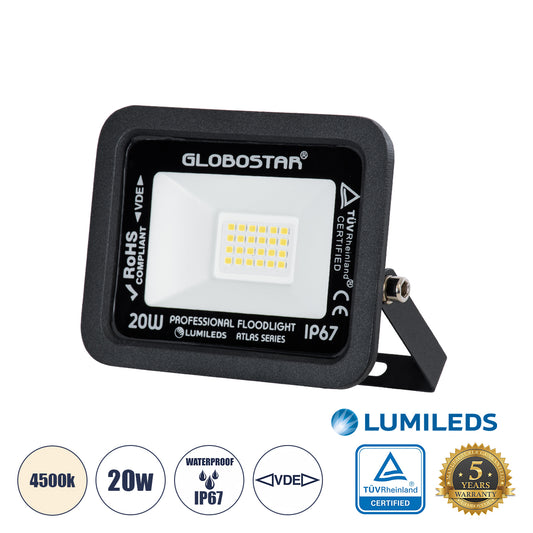 ATLAS 61411 Επαγγελματικός Προβολέας LED 20W 2400lm 120° AC 220-240V - Αδιάβροχος IP67 - Μ12 x Π2.5 x Υ9.5cm - Μαύρο - Φυσικό Λευκό 4500K - LUMILEDS Chips - TÜV Rheinland Certified