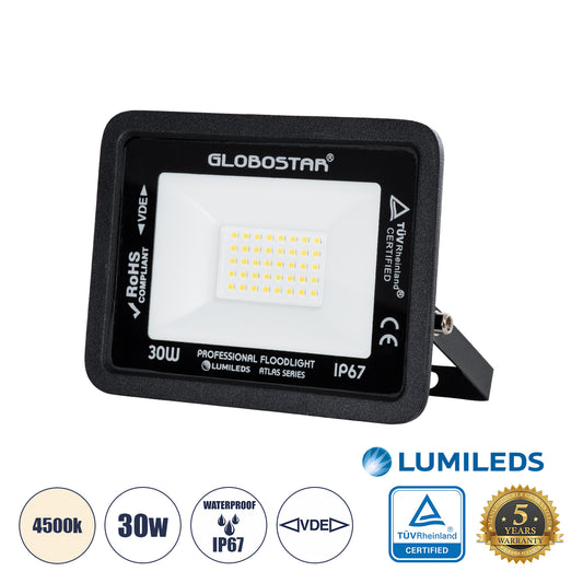 ATLAS 61417 Επαγγελματικός Προβολέας LED 30W 3600lm 120° AC 220-240V - Αδιάβροχος IP67 - Μ16 x Π2.5 x Υ12.5cm - Μαύρο - Φυσικό Λευκό 4500K - LUMILEDS Chips - TÜV Rheinland Certified