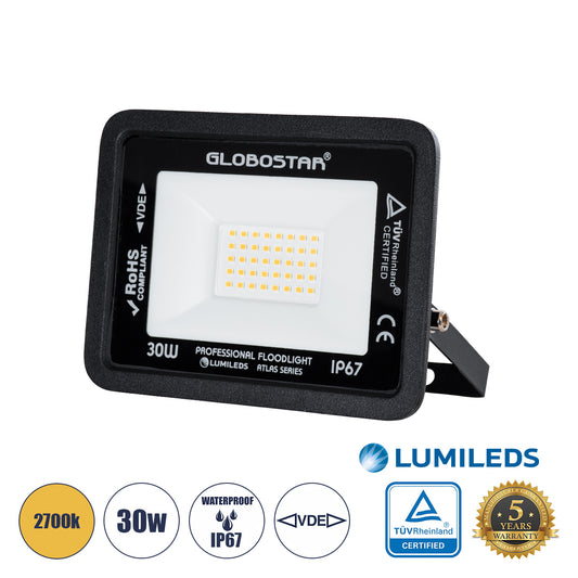 ATLAS 61418 Προβολέας LED 30W 3450lm 120° AC 220-240V Αδιάβροχο IP67 Θερμό Λευκό 2700K - Lumileds SMD Chip - TÜV Rheinland Certified - Μαύρο Ματ - Μ16 x Π2.5 x Υ12.5