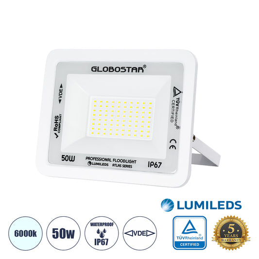 ATLAS 61419 Επαγγελματικός Προβολέας LED 50W 6250lm 120° AC 220-240V - Αδιάβροχος IP67 - Μ21 x Π3.5 x Υ16cm - Λευκό - Ψυχρό Λευκό 6000K - LUMILEDS Chips - TÜV Rheinland Certified