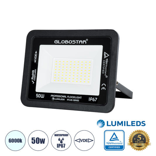 ATLAS 61422 Προβολέας LED 50W 6250lm 120° AC 220-240V Αδιάβροχο IP67 Ψυχρό Λευκό 6000K - Lumileds SMD Chip - TÜV Rheinland Certified - Μαύρο Ματ - Μ21 x Π3.5 x Υ16