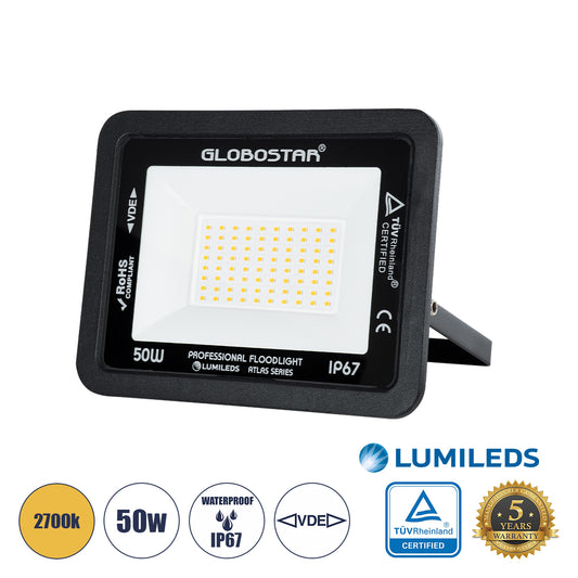ATLAS 61424 Επαγγελματικός Προβολέας LED 50W 5750lm 120° AC 220-240V - Αδιάβροχος IP67 - Μ21 x Π3.5 x Υ16cm - Μαύρο - Θερμό Λευκό 2700K - LUMILEDS Chips - TÜV Rheinland Certified
