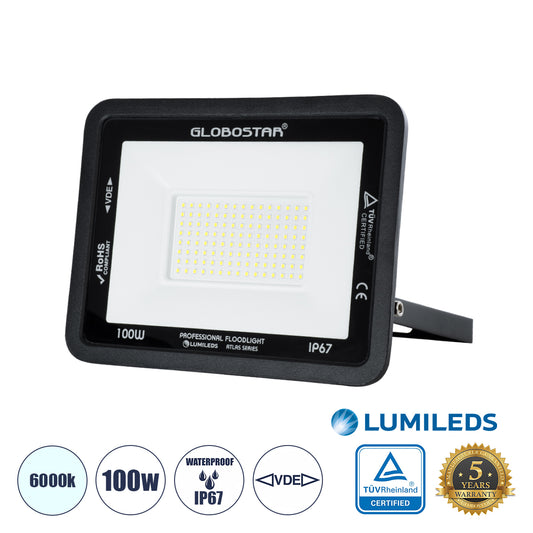 ATLAS 61425 Προβολέας LED 100W 12500lm 120° AC 220-240V Αδιάβροχο IP67 Ψυχρό Λευκό 6000K - Lumileds SMD Chip - TÜV Rheinland Certified - Μαύρο Ματ - Μ27 x Π4 x Υ21