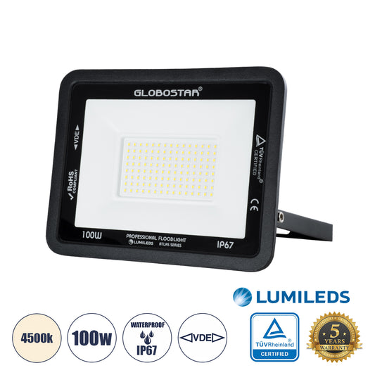 ATLAS 61426 Προβολέας LED 100W 12000lm 120° AC 220-240V Αδιάβροχο IP67 Φυσικό Λευκό 4500K - Lumileds SMD Chip - TÜV Rheinland Certified - Μαύρο Ματ - Μ27 x Π4 x Υ21