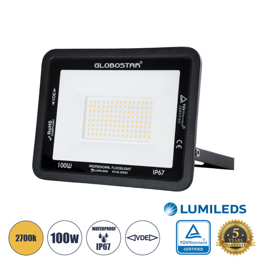 ATLAS 61427 Επαγγελματικός Προβολέας LED 100W 11500lm 120° AC 220-240V - Αδιάβροχος IP67 - Μ27 x Π4 x Υ21cm - Μαύρο - Θερμό Λευκό 2700K - LUMILEDS Chips - TÜV Rheinland Certified