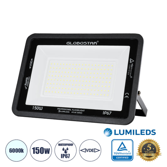 ATLAS 61428 Προβολέας LED 150W 18750lm 120° AC 220-240V Αδιάβροχο IP67 Ψυχρό Λευκό 6000K - Lumileds SMD Chip - TÜV Rheinland Certified - Μαύρο Ματ - Μ32 x Π4 x Υ23