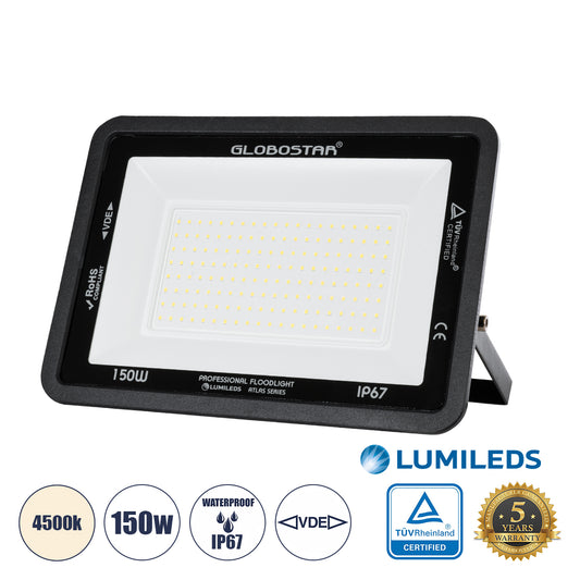ATLAS 61429 Προβολέας LED 150W 18000lm 120° AC 220-240V Αδιάβροχο IP67 Φυσικό Λευκό Ματ 4500K - Lumileds SMD Chip - TÜV Rheinland Certified - Μαύρο Ματ - Μ32 x Π4 x Υ23