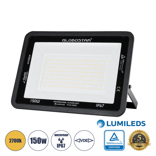 ATLAS 61430 Επαγγελματικός Προβολέας LED 150W 17250lm 120° AC 220-240V - Αδιάβροχος IP67 - Μ32 x Π4 x Υ23cm - Μαύρο - Θερμό Λευκό 2700K - LUMILEDS Chips - TÜV Rheinland Certified