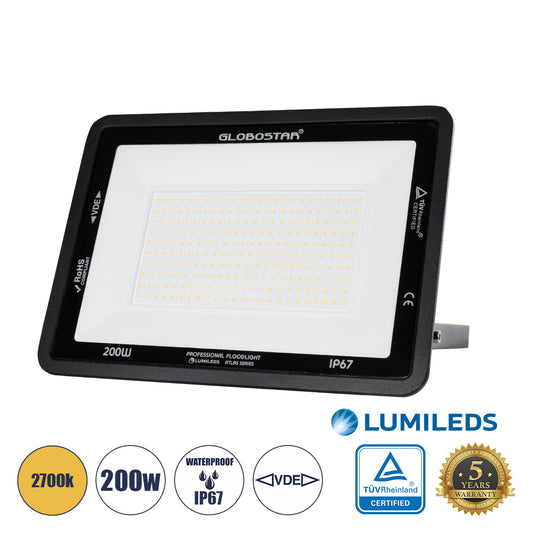 ATLAS 61433 Επαγγελματικός Προβολέας LED 200W 23000lm 120° AC 220-240V - Αδιάβροχος IP67 - Μ38 x Π4 x Υ28cm - Μαύρο - Θερμό Λευκό 2700K - LUMILEDS Chips - TÜV Rheinland Certified