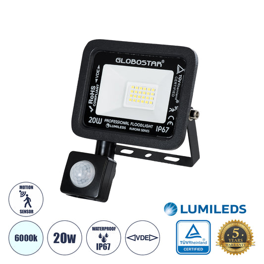 AURORA 61437 Επαγγελματικός Προβολέας LED 20W 2500lm 120° AC 220-240V με Ενσωματωμένο Ρυθμιζόμενο Αισθητήρα Κίνησης PIR - Αδιάβροχος IP67 - Μ12 x Π5 x Υ14.5cm - Μαύρο - Ψυχρό Λευκό 6000K - LUMILEDS Chips - TÜV Rheinland Certified