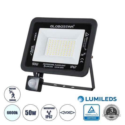 AURORA 61441 Προβολέας με Ανιχνευτή PIR / Αισθητήρα Κίνησης LED 50W 6250lm 120° AC 220-240V Αδιάβροχο IP67 Ψυχρό Λευκό 6000K - Lumileds SMD Chip - TÜV Rheinland Certified - Μαύρο Ματ - Μ21 x Π5 x Υ21