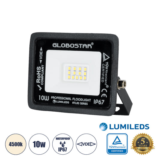 ATLAS 61516 Προβολέας LED 10W 1200lm 120° AC 220-240V Αδιάβροχο IP67 Φυσικό Λευκό 4500K - Lumileds SMD Chip - TÜV Rheinland Certified - Μαύρο Ματ - Μ10 x Π2 x Υ8
