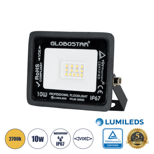 ATLAS 61517 Προβολέας LED 10W 1150lm 120° AC 220-240V Αδιάβροχο IP67 Θερμό Λευκό 2700K - Lumileds SMD Chip - TÜV Rheinland Certified - Μαύρο Ματ - Μ10 x Π2 x Υ8