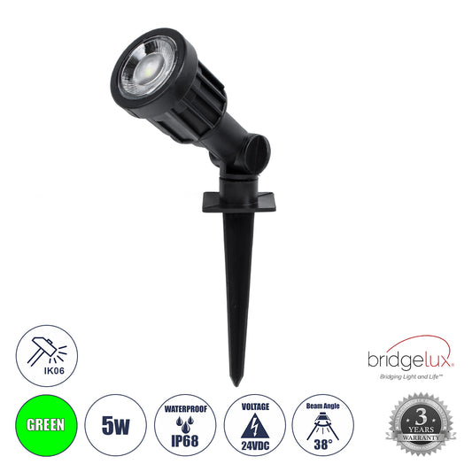 GARDENINI 61544 Καρφωτό Φωτιστικό Σποτ Κήπου LED 5W 550lm 38° DC 24V IP68 Υψηλής Αντοχής ABS IK06 Φ5.5 x Υ13.5cm - Πράσινο 550nm Dimmable - Μαύρο - Bridgelux Chip