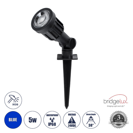 GARDENINI 61545 Καρφωτό Φωτιστικό Σποτ Κήπου LED 5W 550lm 38° DC 24V IP68 Υψηλής Αντοχής ABS IK06 Φ5.5 x Υ13.5cm - Μπλε 450nm Dimmable - Μαύρο - Bridgelux Chip