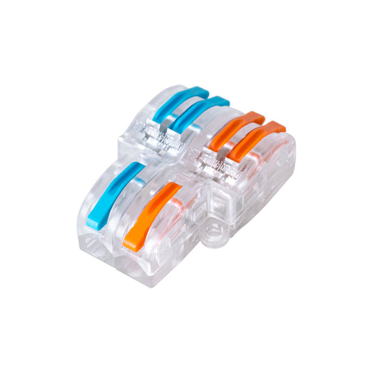 FAST-CONNECT 69909 Διπλή σε Τετραπλή Κλέμα Ταχείας Σύνδεσης & Διακλάδωσης Καλωδίων - 2 x Είσοδοι & 4 x Έξοδοι με Συμβατή Διατομή Καλωδίων 0.08mm² έως 2.5mm² - 250V/4KV 32A Max - Μ2.6 x Π4 x Υ1.5cm - Διάφανο με Πορτοκαλί & Μπλε - Πακέτο 5 Τεμαχίων