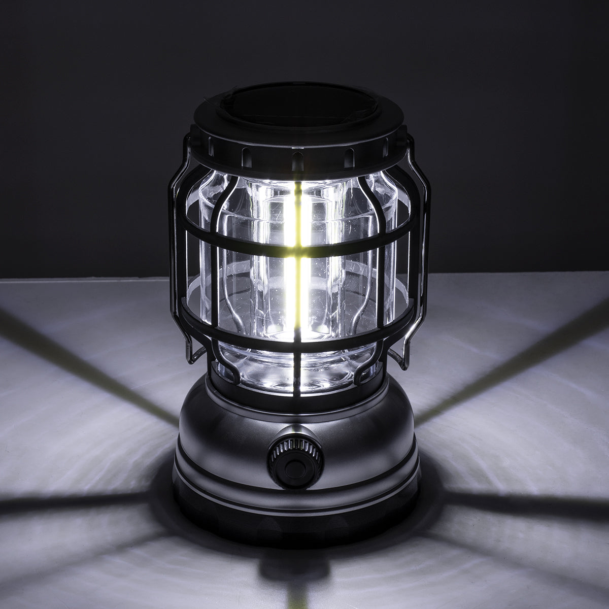 69932 Αυτόνομο Ηλιακό Επαναφορτιζόμενο Φανάρι Camping LED 5W με Επαναφορτιζόμενη Μπαταρία 18650 1200mAh Li-ion - Power Bank - Αδιάβροχο IP54 - Dimmable - Μαύρο Ασημί - Ψυχρό Λευκό 6000K Φ10.2 x Υ16cm